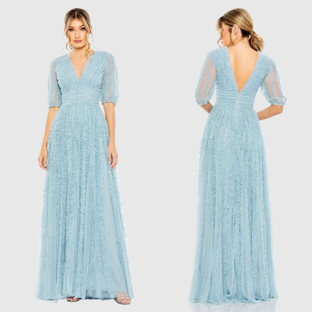 MAC DUGGAL Blue V Neck Puff Sleeve Ruffle Tiered A Line Gown Size 10 $598 - Picture 1 of 9